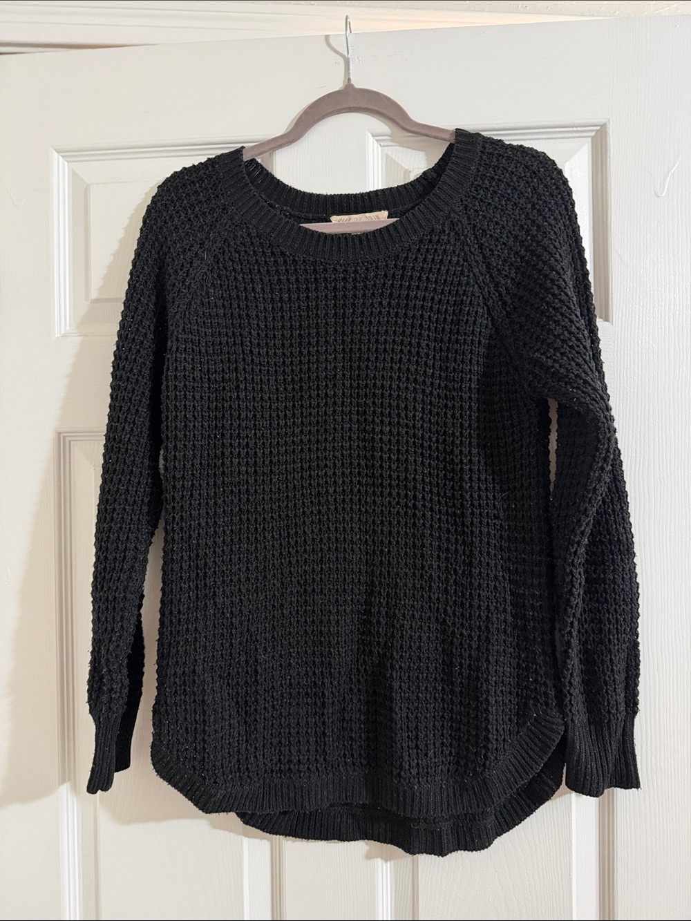 Pink Rose Black Waffle-Knit Crewneck Sweater